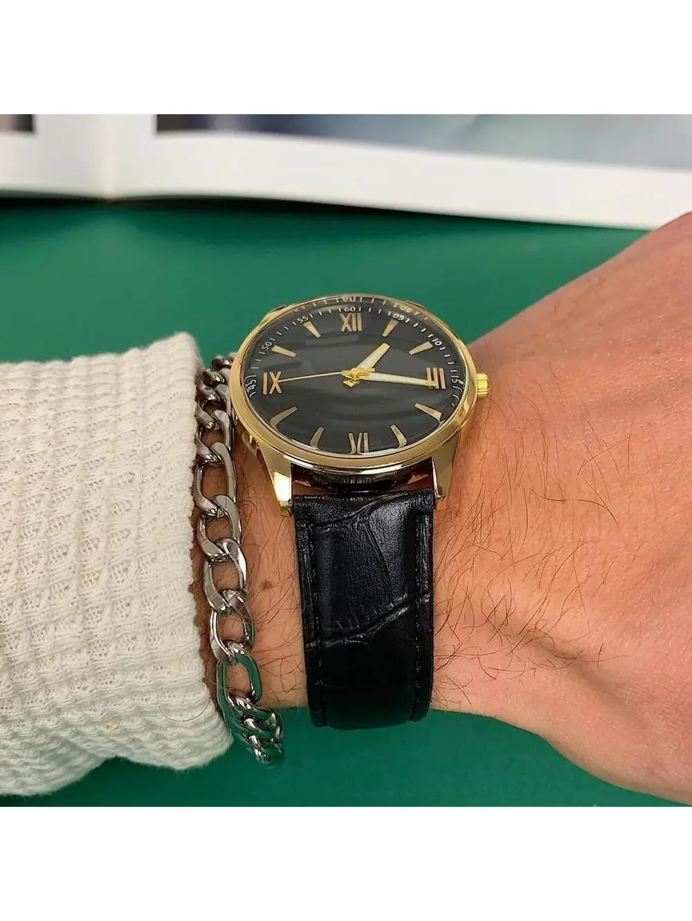Minimalistic Black essential vintage style gold and leather style band watch. 9